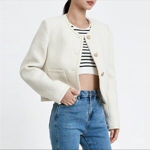 Cream Blazer with Textured Fabric and Collarless Design